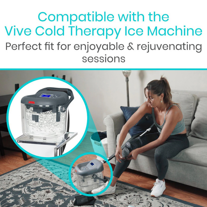 A woman uses a hose with her Vive Health Ice Therapy Machine Replacement Pad on her knee while sitting on a couch. The text reads: Compatible with the Vive Cold Therapy Machine. Perfect for refreshing and rejuvenating sessions.