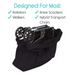 The Vive Health Mobility Travel Bag is displayed in black, made from durable waterproof material for travel. Above it reads: Designed For Most: Rollators, Walkers, Knee Scooters, Hybrid Transport Chairs. Inside is a folded mobility device with visible wheels.