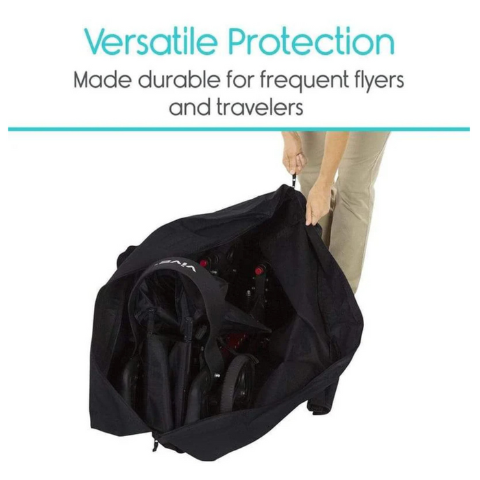 A person holds the Vive Health Mobility Travel Bag - XL Storage Bag with Handles, concealing a folded stroller. The image promotes its travel-friendly design and versatile protection for frequent flyers, with the slogan displayed above the bag.