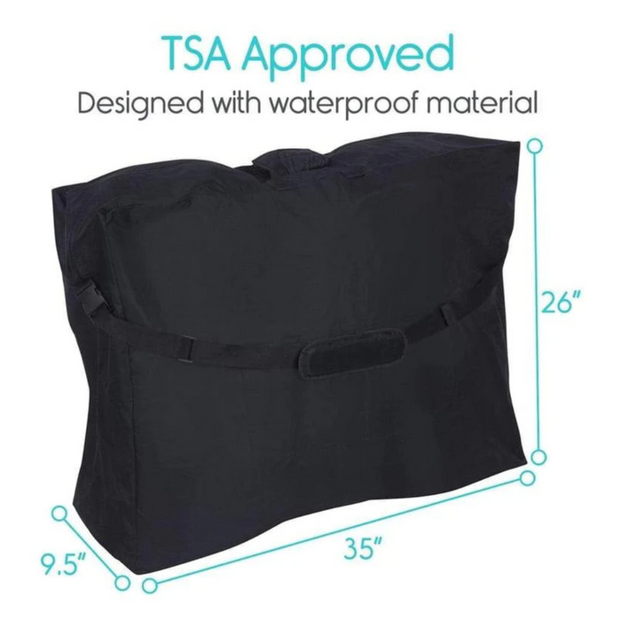 The Vive Health Mobility Travel Bag, XL-sized and TSA Approved, is sleek and black with a travel-friendly design. Crafted from durable waterproof material, it measures 35W x 26H x 9.5D and features a convenient front handle and strap for easy carrying.