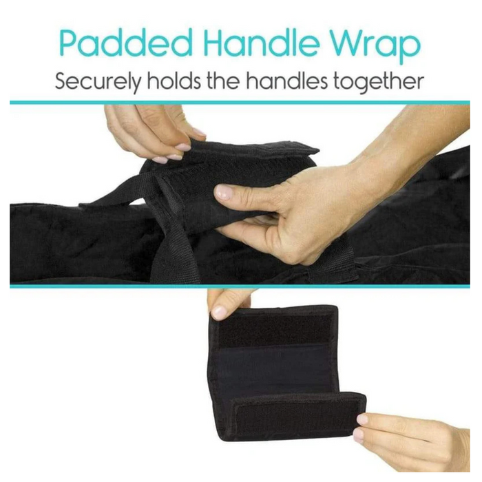 Image depicting a person attaching a padded handle wrap to secure the handles of the Vive Health Mobility Travel Bag - XL Storage Bag with Handles. Top image shows hands on black bag, highlighting its travel-friendly design; bottom image is a close-up of the open padded wrap.