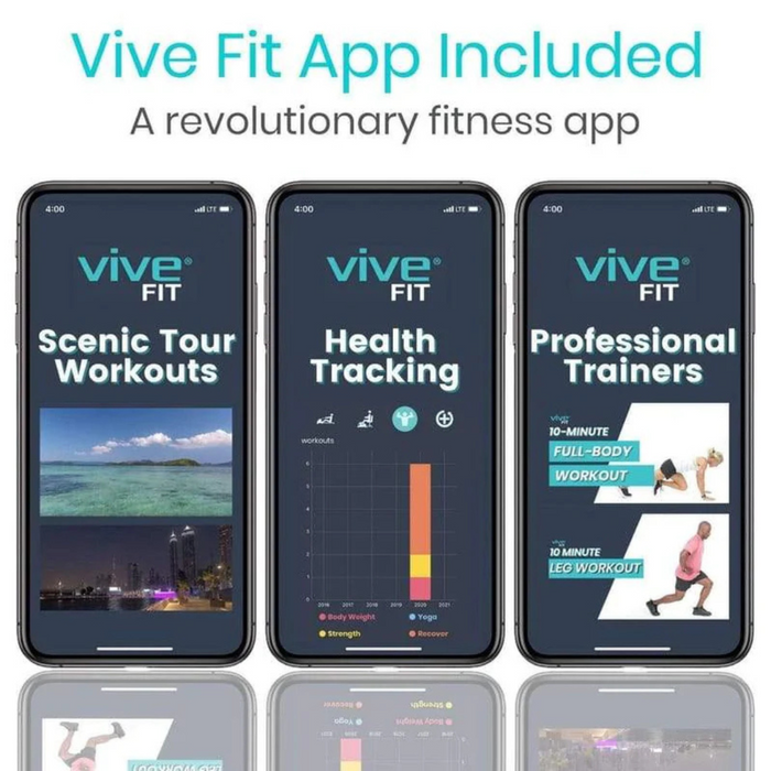 Three smartphones display the Vive Fit app with Scenic Tour Workouts, Health Tracking charts, and Professional Trainers. Text above reads: Vive Fit App Included: A revolutionary fitness app, now optimized for the Vive Health Smart Magnetic Pedal Exerciser.