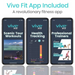 Three smartphones display the Vive Fit app with Scenic Tour Workouts, Health Tracking charts, and Professional Trainers. Text above reads: Vive Fit App Included: A revolutionary fitness app, now optimized for the Vive Health Smart Magnetic Pedal Exerciser.