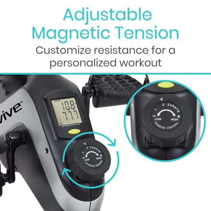 Close-up of the Vive Health Smart Magnetic Pedal Exerciser console: magnetic resistance, speed and calorie digital display, and a circular tension knob. Text reads Adjustable Magnetic Tension and Customize resistance for a personalized workout. Perfect for compact setups.