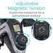 Close-up of the Vive Health Smart Magnetic Pedal Exerciser console: magnetic resistance, speed and calorie digital display, and a circular tension knob. Text reads Adjustable Magnetic Tension and Customize resistance for a personalized workout. Perfect for compact setups.