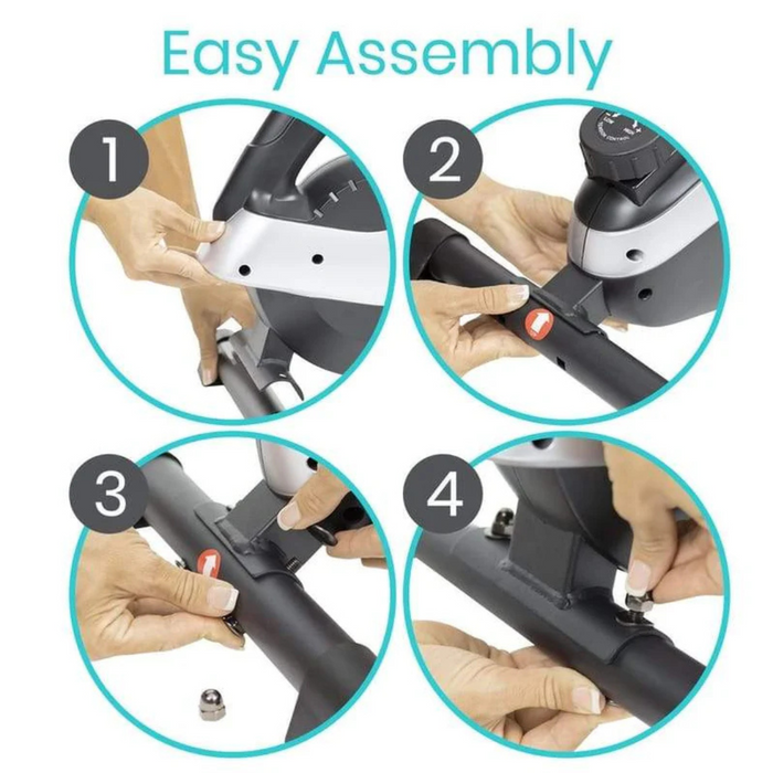 Four-step guide for assembling the Vive Health Smart Magnetic Pedal Exerciser, featuring close-up images of hands connecting parts and tightening bolts labeled 1 to 4. The text Easy Assembly highlights its compact design, making it perfect for any space and routine.