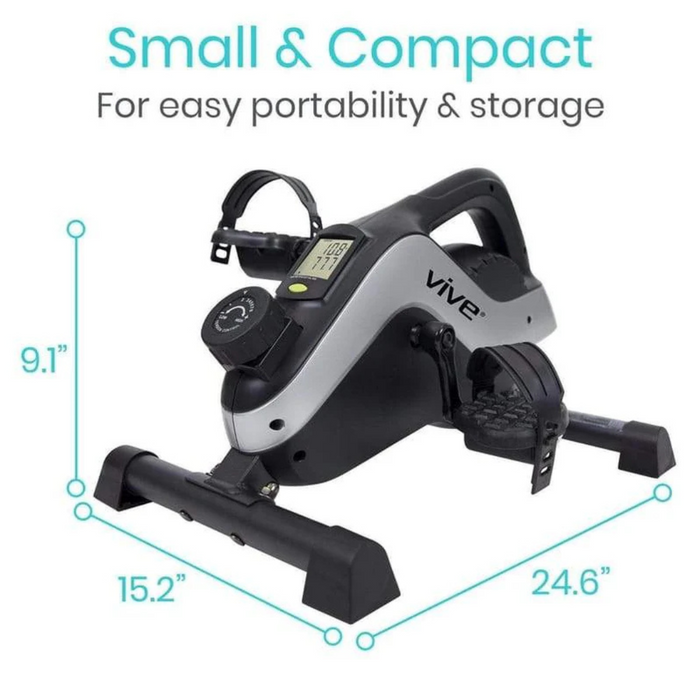 The Vive Health Smart Magnetic Pedal Exerciser is designed for easy portability and storage, featuring a display screen, magnetic resistance, and measuring 9.1 inches tall, 15.2 inches wide, and 24.6 inches long for optimal under-desk use.