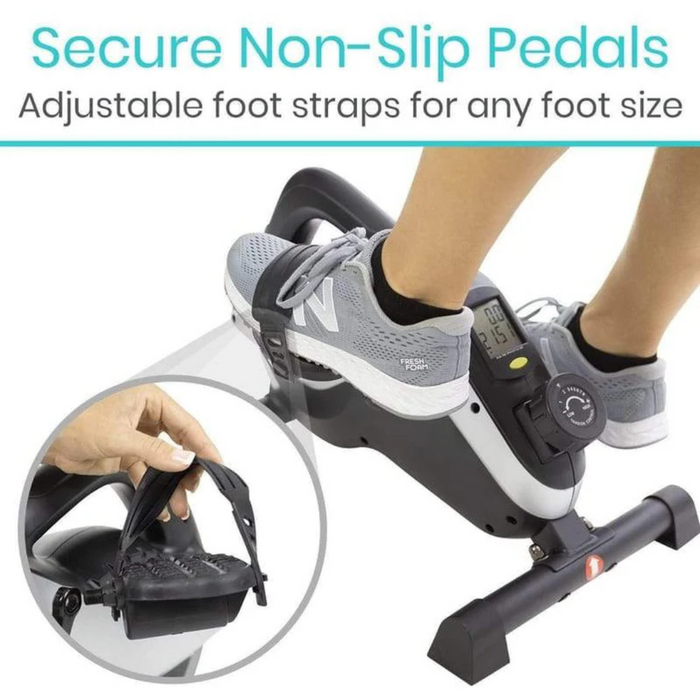 Using the Vive Health Smart Magnetic Pedal Exerciser, one enjoys secure, non-slip pedals with adjustable straps. An inset image shows strap adjustability. Its under-desk design and magnetic resistance provide convenience, highlighting security and versatility for any foot size.
