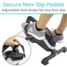 Using the Vive Health Smart Magnetic Pedal Exerciser, one enjoys secure, non-slip pedals with adjustable straps. An inset image shows strap adjustability. Its under-desk design and magnetic resistance provide convenience, highlighting security and versatility for any foot size.