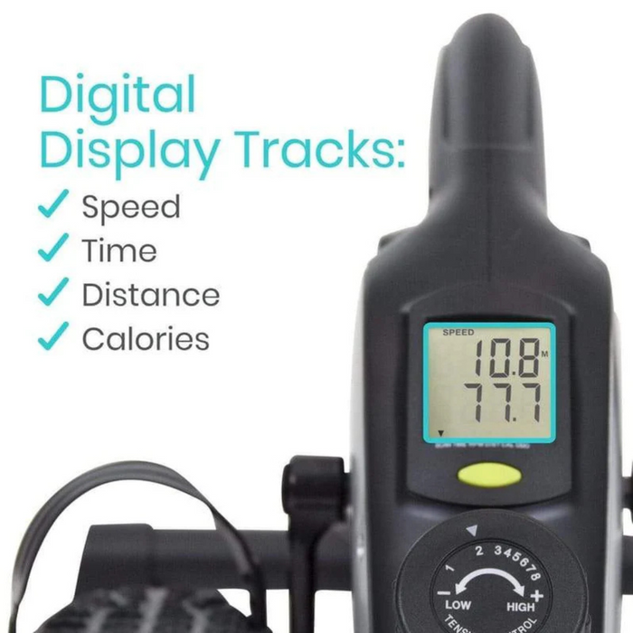 Close-up of the Vive Health Smart Magnetic Pedal Exercisers digital display showing speed, time, distance, and calories. Text highlights these tracking features next to the screen with its sleek under-desk design.