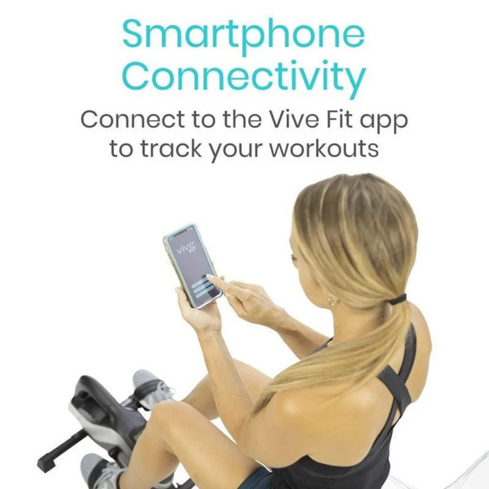 A person on a rowing machine checks their smartphone with the Vive Fit app, which reads, Connect to track workouts anywhere. Enjoy seamless integration with the Vive Health Smart Magnetic Pedal Exercisers under-desk or compact design.
