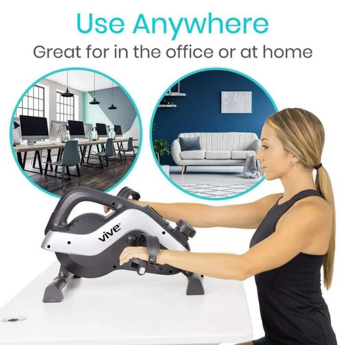A woman uses the Vive Health Smart Magnetic Pedal Exerciser on a white table. Two circular images above display an office and a living room. The text above states, Use Anywhere - Ideal for office or home with its under-desk design.