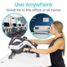 A woman uses the Vive Health Smart Magnetic Pedal Exerciser on a white table. Two circular images above display an office and a living room. The text above states, Use Anywhere - Ideal for office or home with its under-desk design.