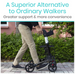 A person uses the Vive Health Sunstride Rollator on a brick path. This modern mobility aid features large wheels and a seat for superior support. Text above reads: A Superior Alternative to Ordinary Walkers - Greater support & more convenience.