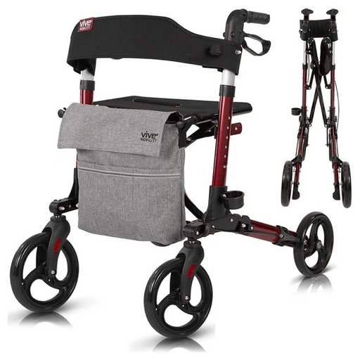 Vive Health Sunstride Rollator - Folding & Ultra Compact Red