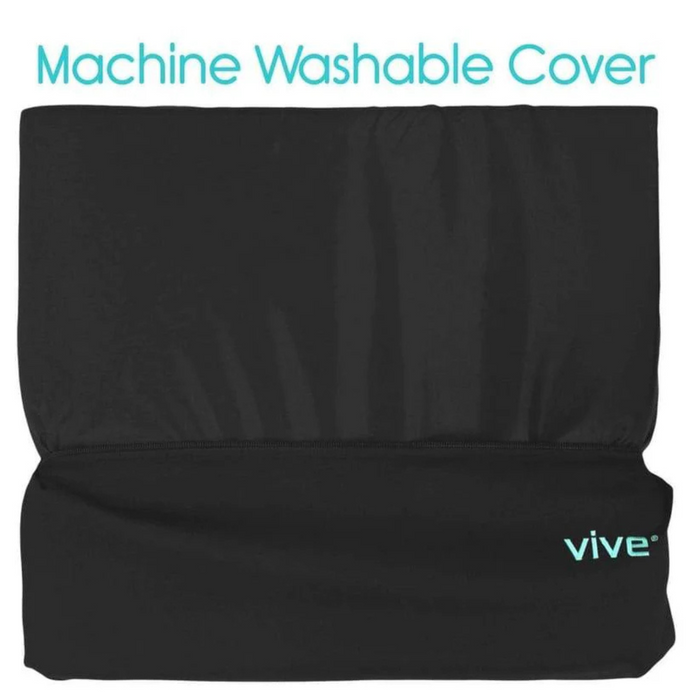 The Vive Health Wheelchair Gel Seat Cushion features a black, machine washable cover with machine washable cover elegantly scripted and vive in light blue at the bottom right, wrapping premium foam for tailbone and back pain relief.