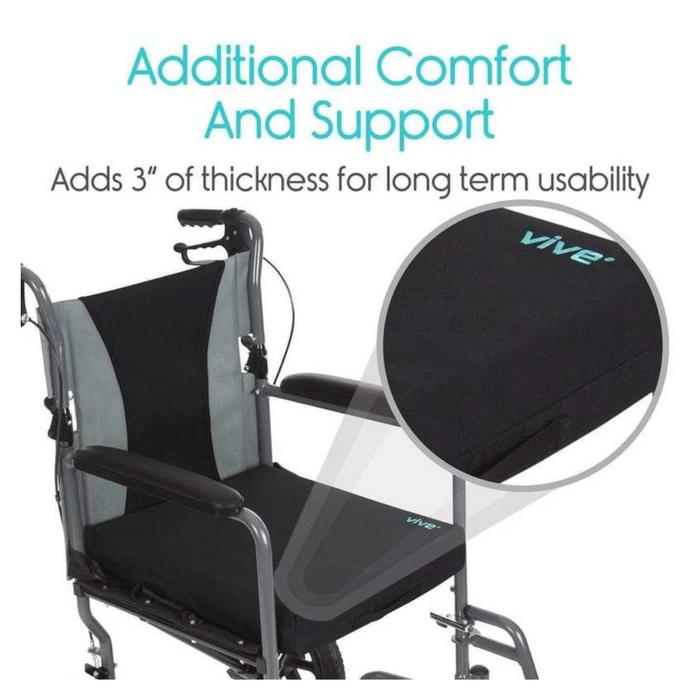 An image shows a wheelchair with a Vive Health Wheelchair Gel Seat Cushion. Text reads, Additional Comfort And Support, highlighting the 3” thick premium foam and gel cushion for exceptional tailbone pain relief. The cushion is black with light blue accents.