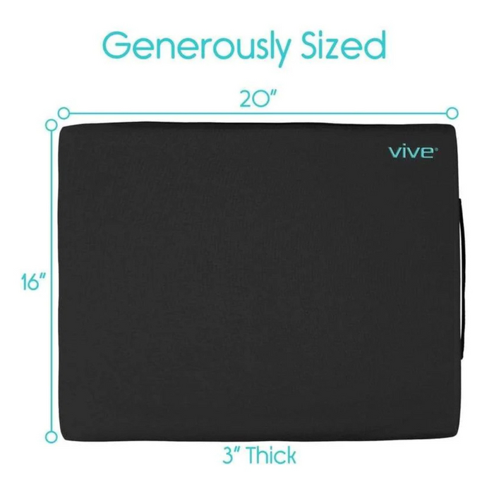 Displayed is an image of a Vive Health Wheelchair Gel Seat Cushion in black, sized 20x16x3, showcasing its premium foam layer. Vive is printed on the top right corner, making it perfect for relieving tailbone pain.