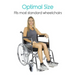 A woman in a gray outfit smiles while sitting in a silver wheelchair with black seat and footrests. Text reads: Optimal Size Fits most standard wheelchairs. The Vive Health Wheelchair Gel Seat Cushion provides premium foam layer comfort and tailbone pain relief.