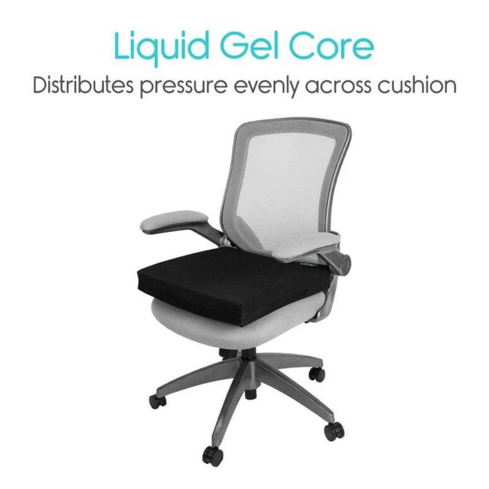 The Vive Health Wheelchair Gel Seat Cushion offers comfort and tailbone pain relief with its black gel seat and premium foam, which evenly distributes pressure. It includes a mesh back, armrests, and five wheels for ultimate support. The Liquid Gel Core enhances cushion pressure distribution.