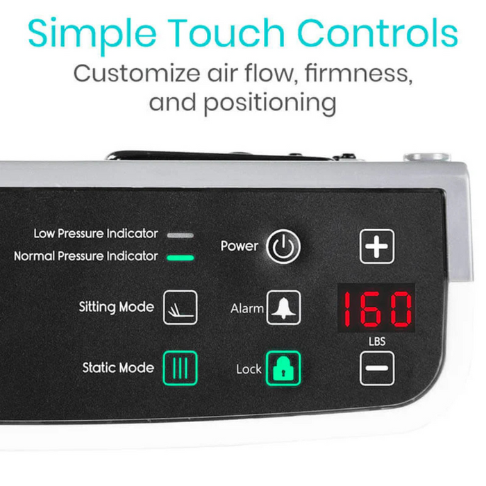 Close-up of the Vive Health 8 Alternating Pressure Mattress control panel showing low/normal pressure indicators, power button, sitting/static modes, alarm, and 160 lbs display. Text reads, Simple Touch Controls - Adjust air flow, firmness & position with our Alternating Air Chambers.