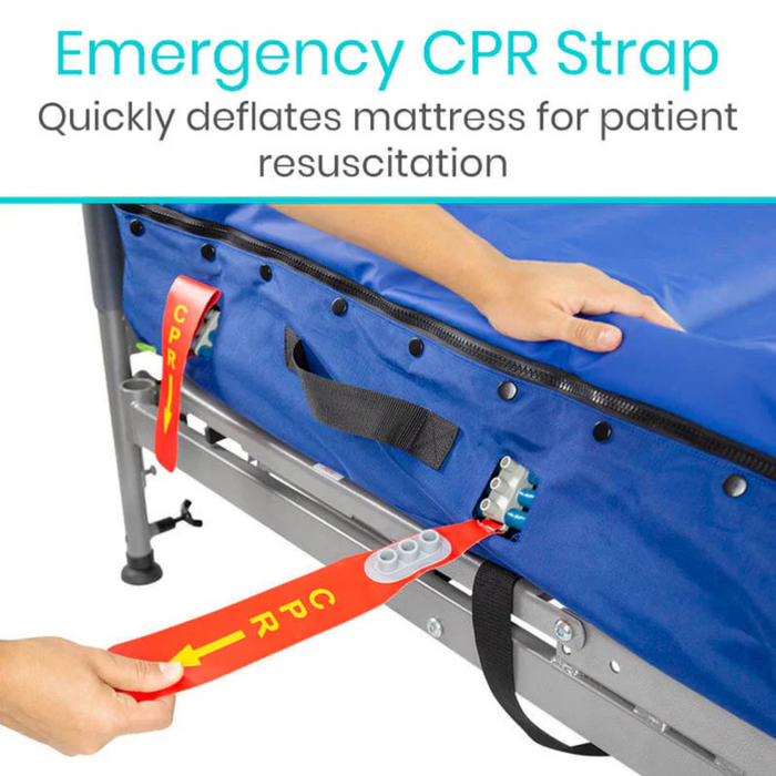 A hand pulls a red CPR strap from the Vive Health 8 Alternating Pressure Mattress on a metal bed frame. The strap quickly deflates the blue mattress for resuscitation, with alternating air chambers providing optimal support.