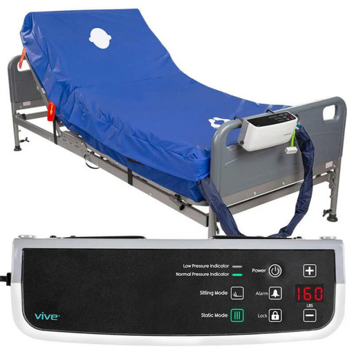 The Vive Health 8 Alternating Pressure Mattress, in blue, sits atop a hospital bed. A digital compressor control unit with buttons and a display reading 160 lbs is in the foreground. The metallic bed frame has side rails for added safety.