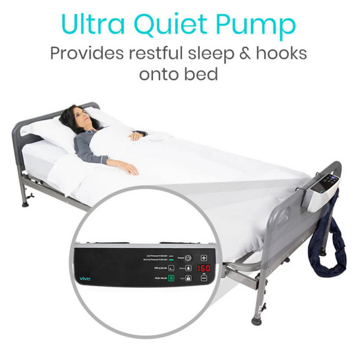 A woman relaxes on a bed using the Vive Health 8 Alternating Pressure Mattress, which features an ultra-quiet pump for restful sleep, conveniently hooks onto the bed, and has a control panel that manages alternating air chambers for optimal comfort.