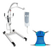 The Vive Health Bariatric Electric Patient Lift, a white electric lift with wheels and hand controls, is displayed alongside a blue fabric sling with black straps for assisted lifting, highlighting its ergonomic design and safety features.