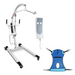 The Vive Health Bariatric Electric Patient Lift in white features an ergonomic design with wheels and a hanging electronic control panel. A blue sling is included for patient support, offering advanced safety features to aid mobility in healthcare settings.