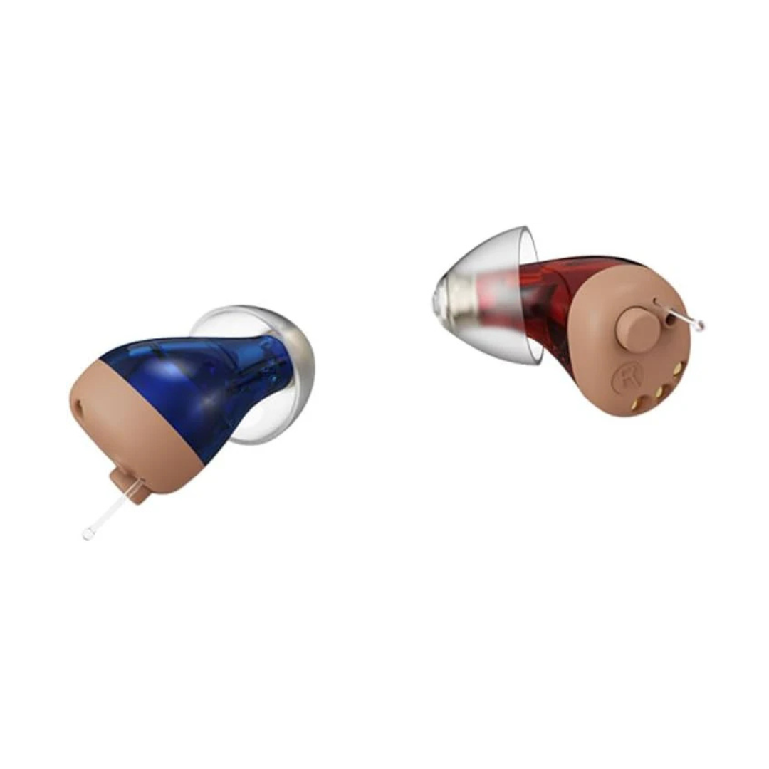 Two small in-ear devices—one blue, one red—with beige ends and clear CIC domes are displayed on a white background. They are Vivtone Ear Tip Replacements for Super-Mini Hearing Aids.