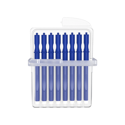 A clear plastic case holds eight blue ink pen refills upright in a row under a hinged lid—packaging style similar to Vivtone Ear Wax Guards For Hearing Aids.