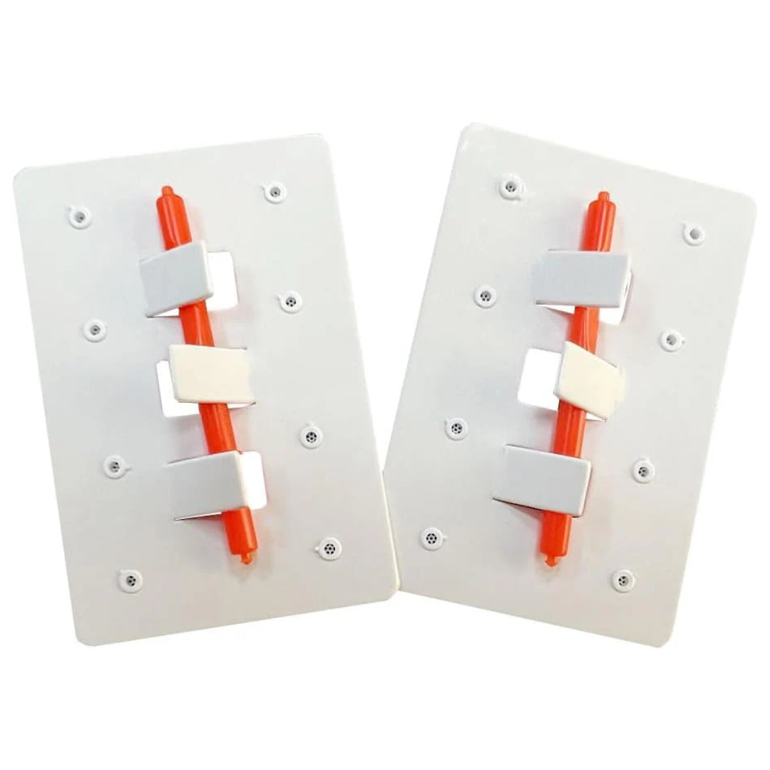 Two white rectangular boards hold orange rods with three angled clips each, arranged parallel—these are Vivtone Ear Wax Guards for Hearing Aids, designed for use with compatible devices like the SuperMini.