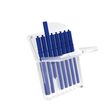 A transparent plastic case for Vivtone Ear Wax Guards For Hearing Aids holds seven blue filters—one upright and the rest aligned inside—neatly organized for easy access, similar to how pens are often arranged.