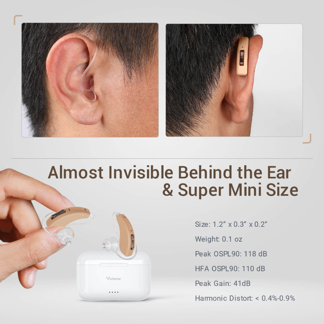 A person wears a small Vivtone Lucid508 Over-The-Ear beige hearing aid behind their ear. The advanced device is shown close-up and held above its white charging case, with text detailing its compact design and technical features.