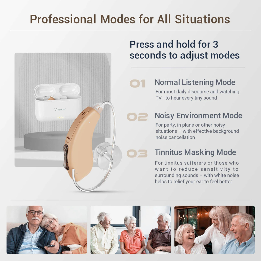 The Vivtone Lucid508 Over-The-Ear Hearing Aids are displayed with their charging case. Three adjustable modes are highlighted: Normal Listening, Noisy Environment, and Tinnitus Masking. Images show seniors socializing and watching TV together.