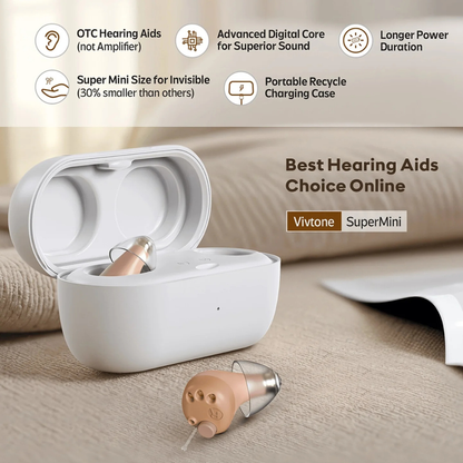 A beige Vivtone SuperMini Hearing Aid sits before its open white charging case. Text highlights next-gen features: advanced digital core, super mini size, long battery life, and portability.
