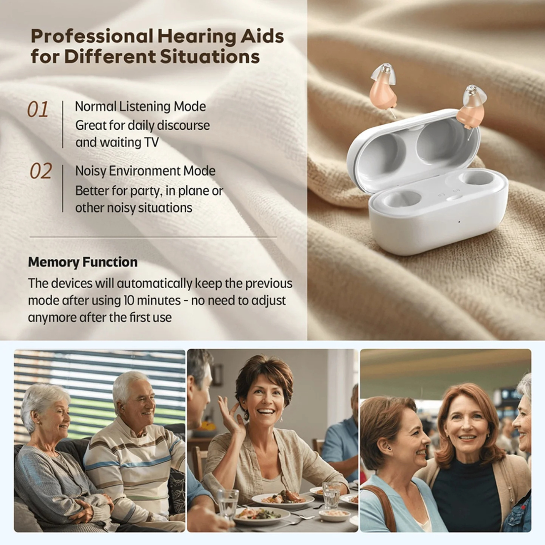 Vivtone SuperMini Hearing Aids, featuring normal and noisy modes, are shown with their charging case. Elderly users in groups highlight how these advanced hearing aids enhance conversations and social interactions.