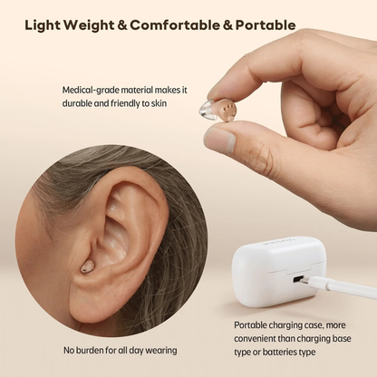A hand displays the Vivtone SuperMini Hearing Aids with advanced hearing technology. An inset shows the device worn discreetly, highlighting its lightweight comfort and portable charging case with cable.