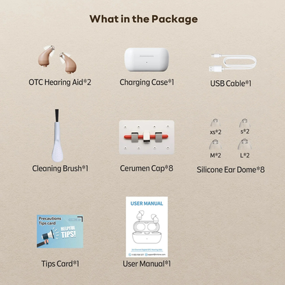 Image displaying Vivtone SuperMini Hearing Aids package: includes 2 hearing aids, charging case, USB cable, cleaning brush, 8 earwax guards, 8 silicone ear domes (varied sizes), quick tips card, and user manual—with labeled icons.