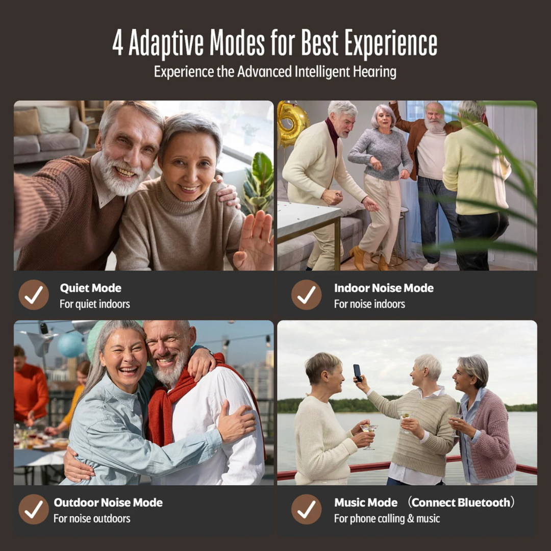 Four images show seniors enjoying activities with the Vivtone Xpure Bluetooth Hearing Aids: relaxing indoors (Quiet), dancing at home (Indoor Noise), walking outdoors (Outdoor Noise), and taking a selfie outside (Music). Features adaptive hearing—Clinicians Choice.