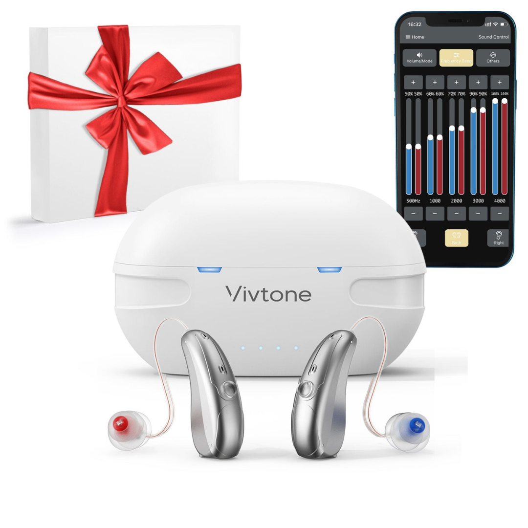 A pair of silver Vivtone Xpure Bluetooth Hearing Aids with a white Vivtone charging case, a smartphone showing sound controls, and a Clinicians Choice white gift box with a red ribbon.