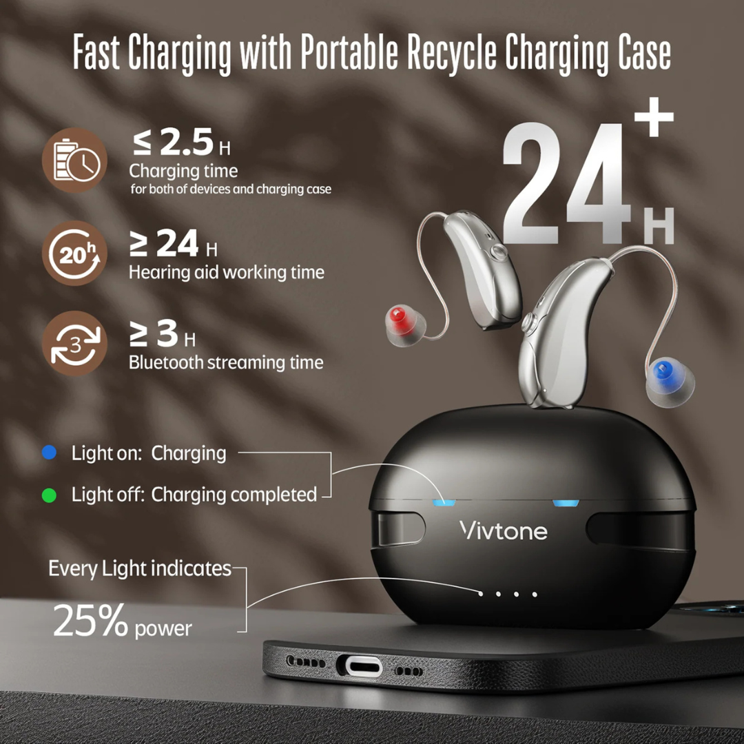 Vivtone Xpure Bluetooth Hearing Aids sit in a black portable charging case, featuring Clinicians Choice, 2.5-hour charge, 24 hours hearing use, 3 hours Bluetooth streaming, and LED status and battery indicators.