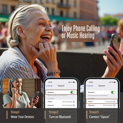 Smiling older woman uses Vivtone Xpure Bluetooth Hearing Aids outdoors, with inset steps: wear devices, turn on Bluetooth, connect “Xpure.” Text: Clinician's Choice for Enjoyable Phone Calls or Music.