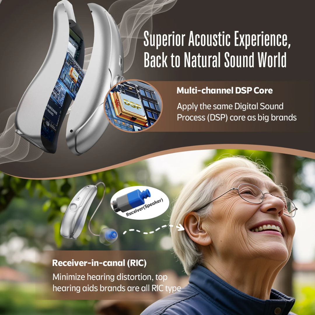 A promotional image for Vivtone Xpure Bluetooth Hearing Aids features close-ups of the devices and an elderly woman smiling outdoors, with text highlighting a multi-channel DSP core for quality sound and a Clinicians Choice RIC design.