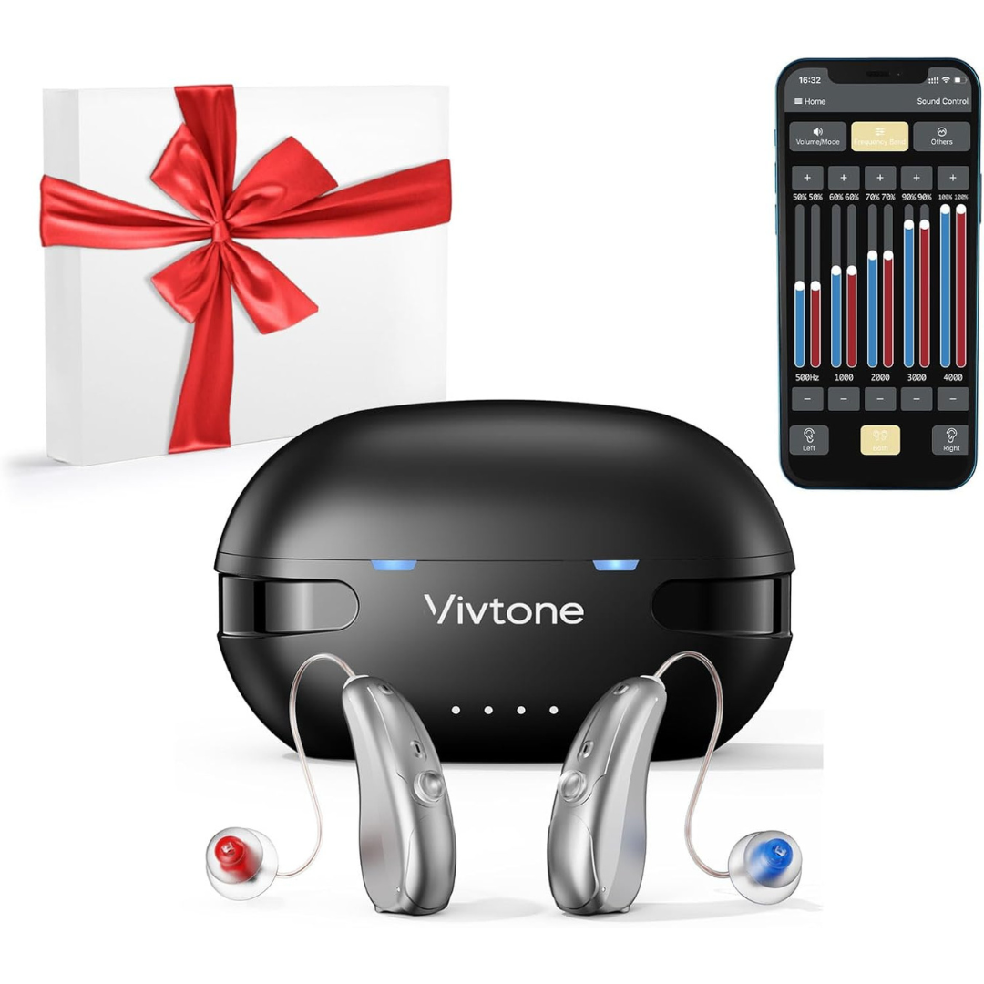 Vivtone Xpure Bluetooth Hearing Aids with black charging case, hearing control app on smartphone, and white gift box with red ribbon—Clinicians Choice for advanced hearing solutions.