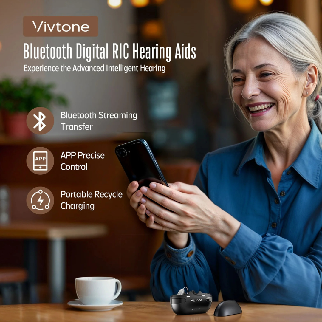 A smiling older woman holds a smartphone indoors. Text promotes Vivtone Xpure Bluetooth Hearing Aids: Bluetooth streaming, app control, and portable charging. Trusted for advanced hearing support; open case is visible in the foreground.