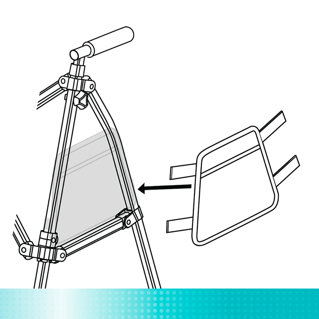 Line drawing of a triangular walker frame with an arrow pointing to a pouch with straps, showing how to attach the Side Pouches - Set of 2 for Stander Walkers & Rollators as practical accessories.