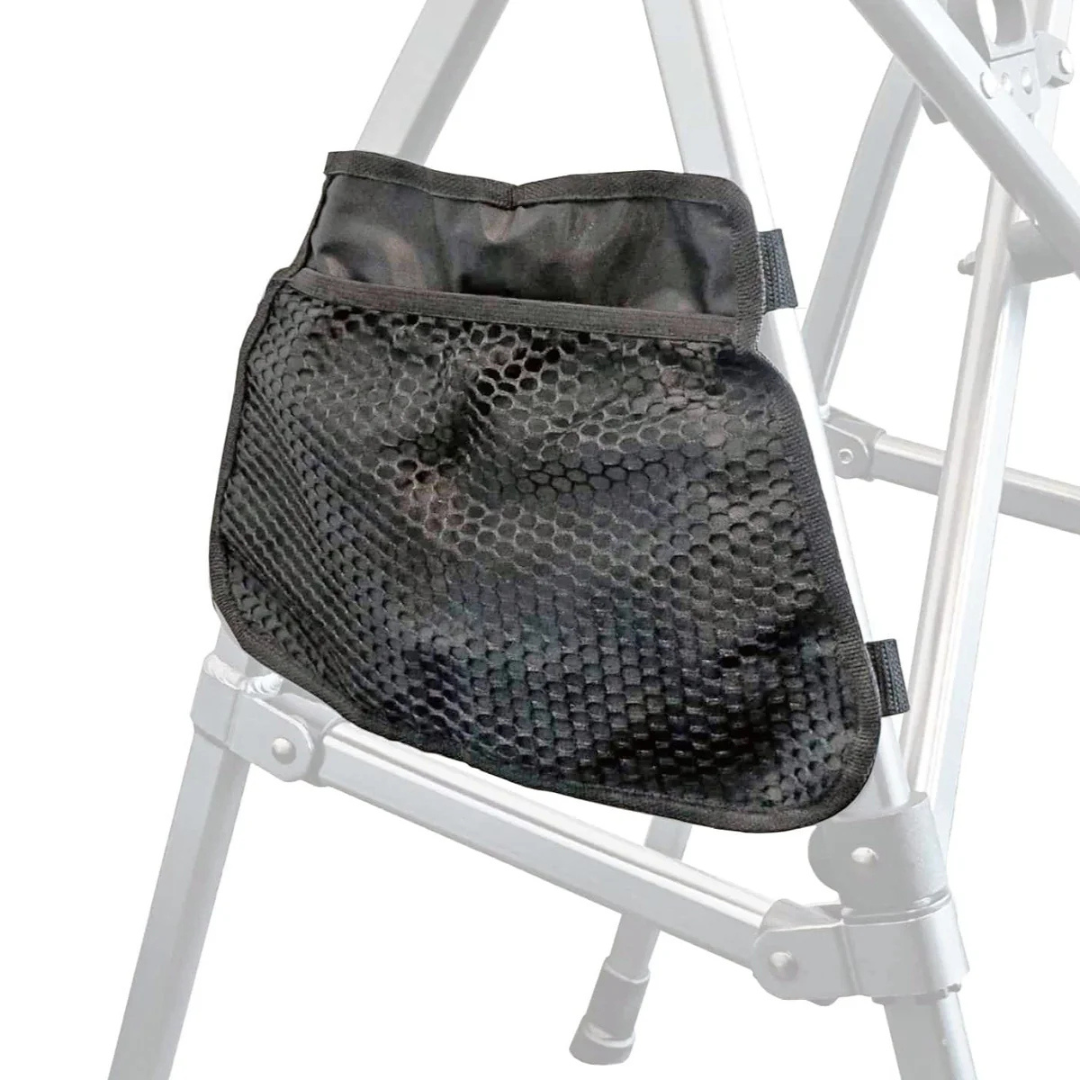 A black mesh pouch from the Side Pouches - Set of 2 for Stander Walkers & Rollators is attached to a silver tripod, providing handy storage for small items during use.