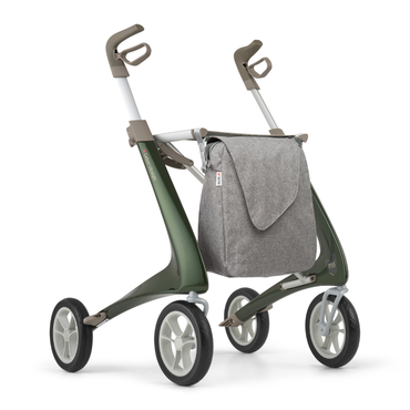 The Weekend Bag is a large gray fabric accessory designed for ByAcre Carbon Fiber Rollators, attaching easily to the frame—see the spec-table for more details.